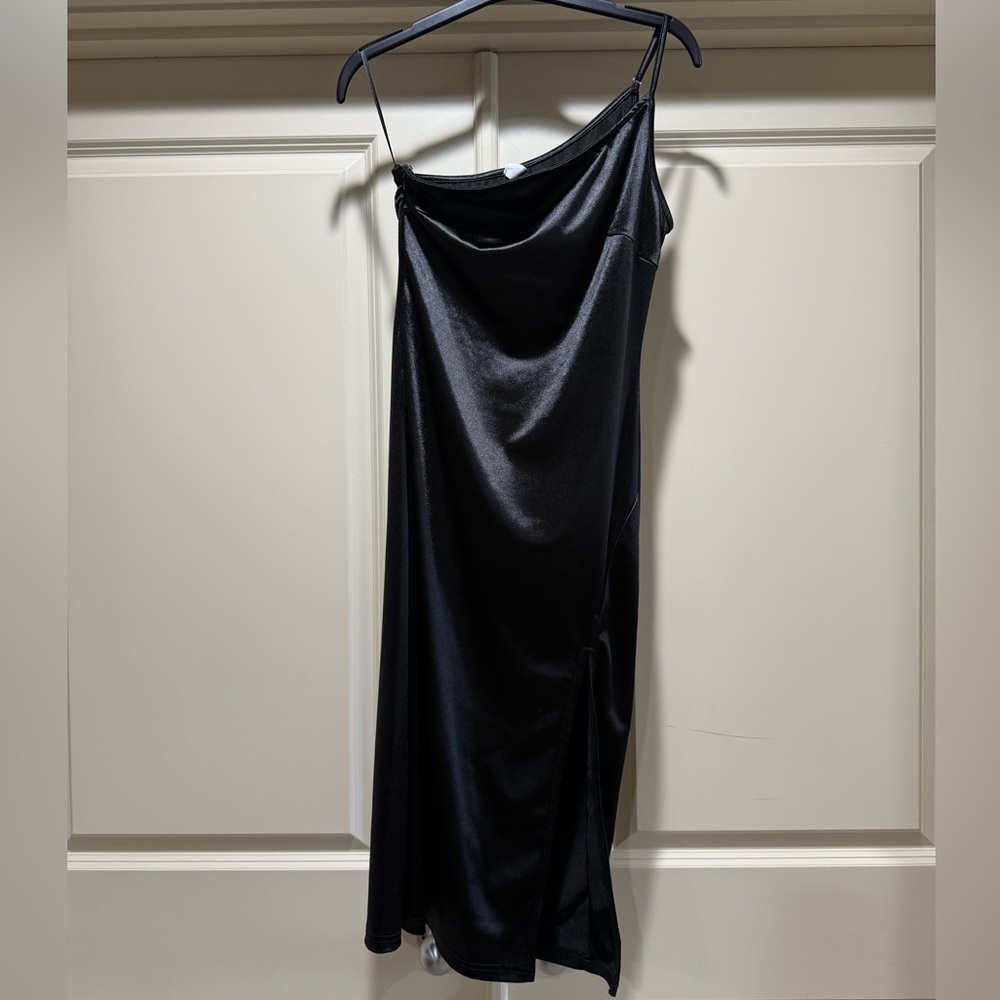 Black Satin Slip Dress off the shoulder